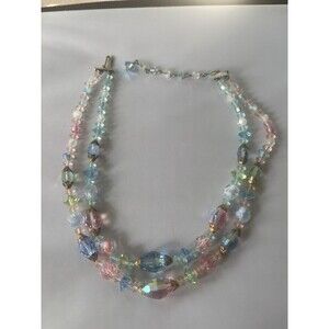 Antique Double Strand Pastel Glass Beaded Crystal Choker Necklace-1940s-1950s